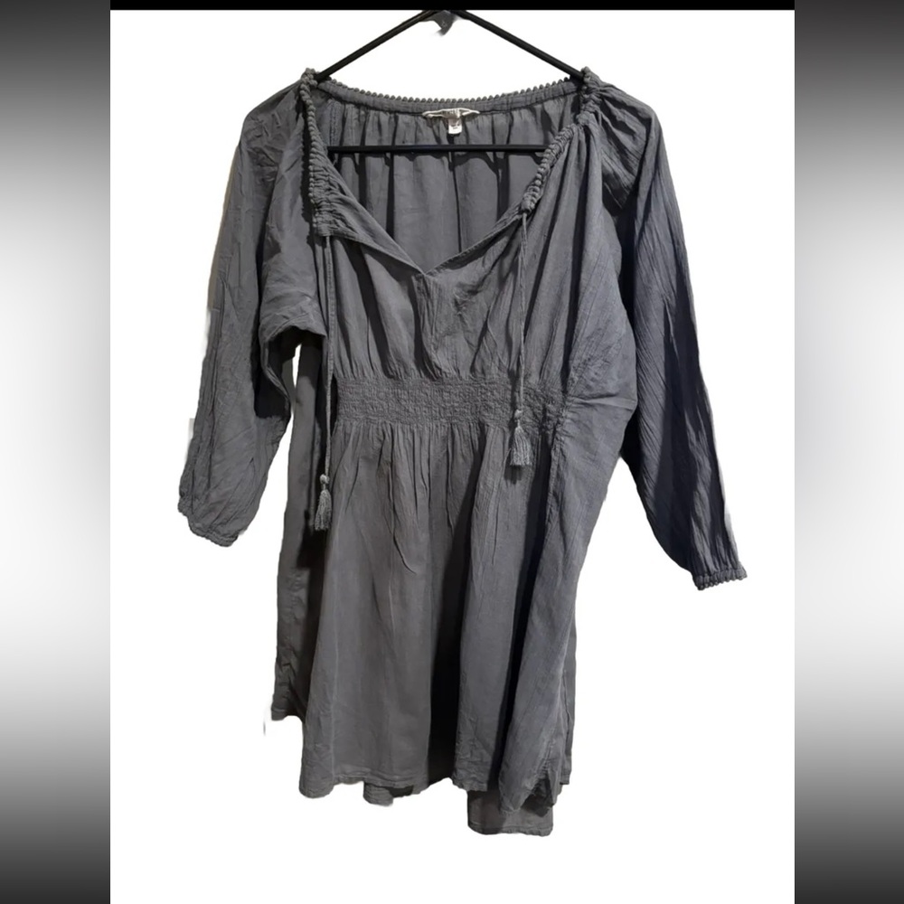 Athleta Tunic Top Size M Gray Tie Neck Crinkle Texture Boho Tie Waist Womens